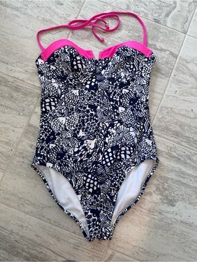 Lilly Pulitzer Navy Fish-Print One-Piece Swimsuit with Hot Pink Trim